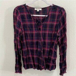 Francesca’s Western Boho Plaid Top Shabby Chic Faux Wrap Long Sleeve